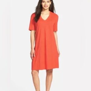 Eileen Fisher Dress M Hemp Organic Cotton V Neck Short Sleeve Midi Orange